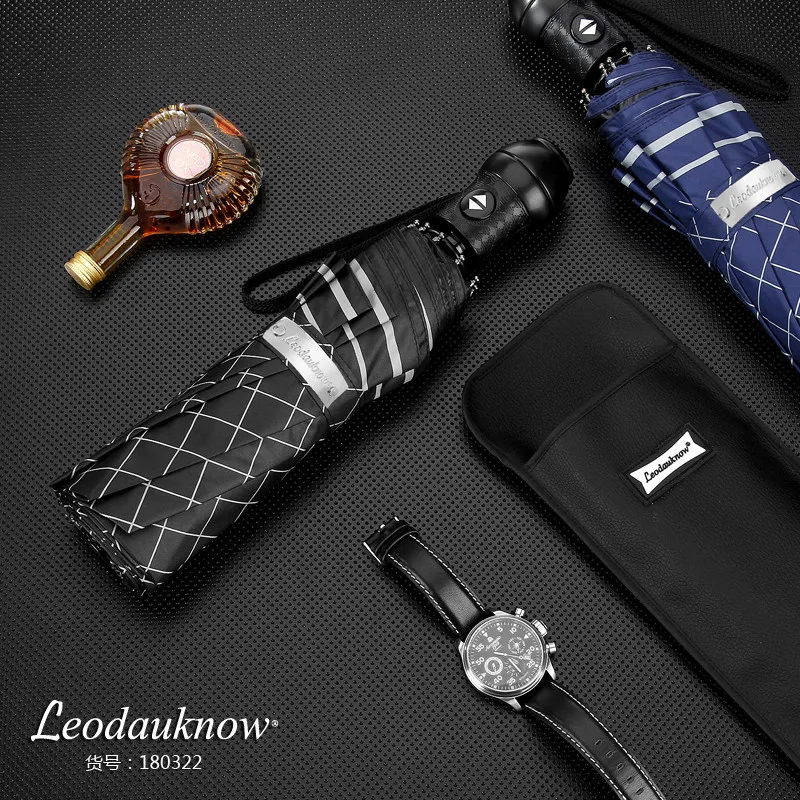LEODAUKNOW полностью автоматическая складывающийся втрое бизнес класса люкс транспортное средство с навесом, защита от ветра и клетчатым паттерном модные узор мужской зонт