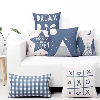 

Nordic Style Kids Blue Pillow Bear Geometric Landscape Triangle Dots Lattice Pentagram Letters Linen Cushion For Sofa Decorative