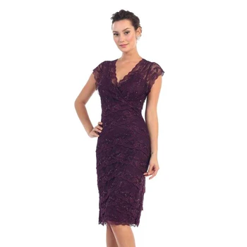 

Gorgeous Sheath Purple Cap Sleeves Mother of the Bride Dresses Knee Length Wedding Guest Short Gowns V Neckline
