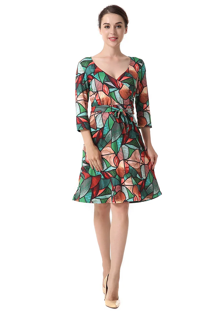 New Casual Fashion Women Summer Mini Dresses Solid V-Neck 3/4 Sleeve Elegant A-Line Dress With Belt AB411