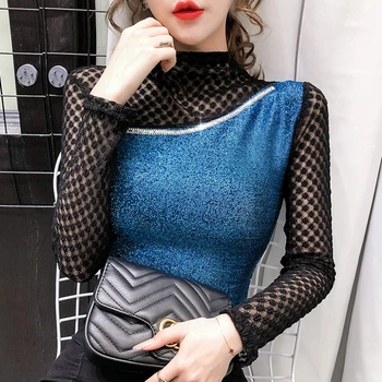 

2020 Spring Summer European Clothes T-shirt Sexy Patchwork Lace Diamonds Women Tops Ropa Mujer Shiny Bottoming Shirt Tees T02309