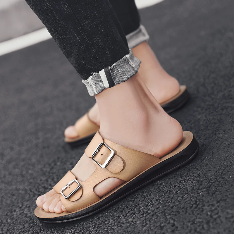 Шлепанцы мужские кожаные дышащие сандалии гладиаторы модные повседневные уличные тапочки|Тапочки| |