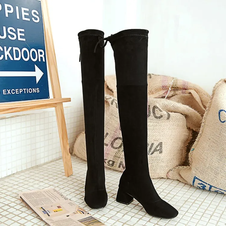 NASBAVI new Elastic Slim Fit Over The Knee Boots Women Winter thigh Lace up ladies mid heel Solid color long boot