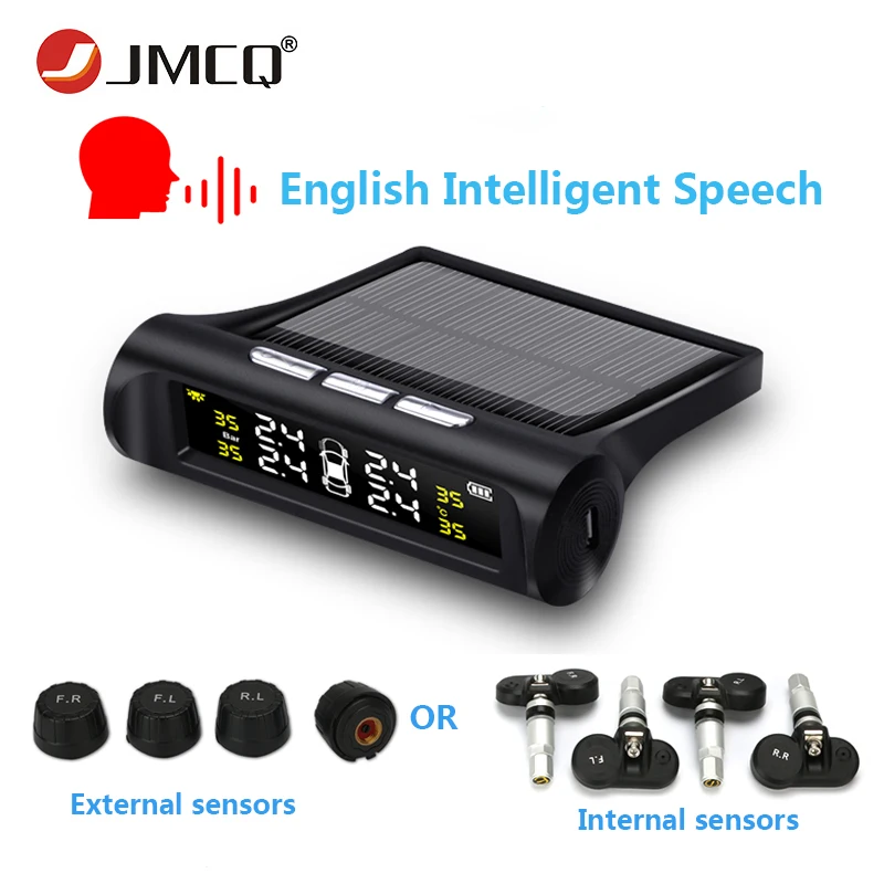 

JMCQ Car Voice TPMS Alarm Tire Pressure Sensor Monitoring System Auto Security English Speech Warning Control 4 Internal sensors