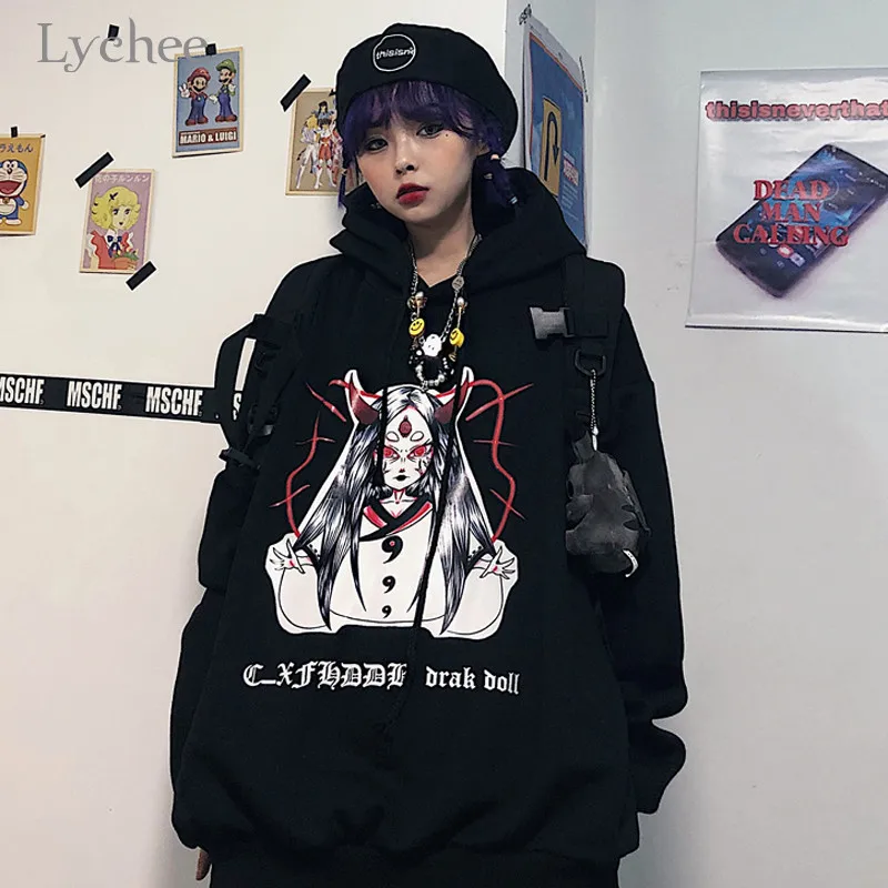 Lychee Harajuku Мультфильм дьявол девушка для женщин флис толстовки с капюшоном Весна