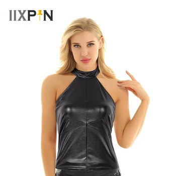 

Women Pole Dance Tank Tops Rave Outfits Wet Look Faux Leather Halter Neck Sleeveless and Backless Buckled Vest Dance Club Wear