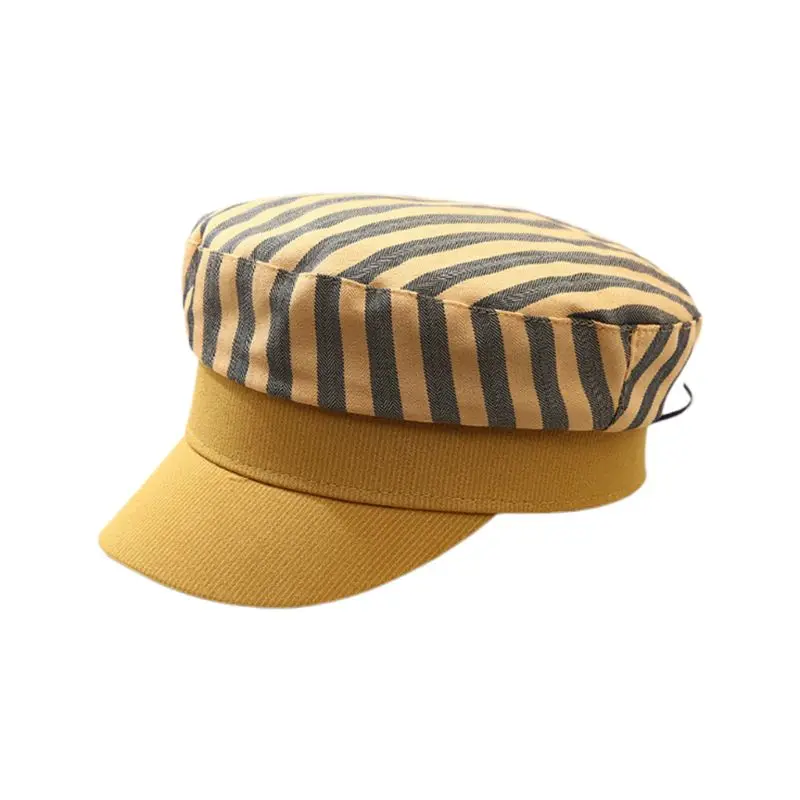 

Korean Harajuku Flat Top Beret Cap Women Girls Contrast Color Stripes Print Sun Protection Newsboy Cabbie Painter Visor Navy Hat