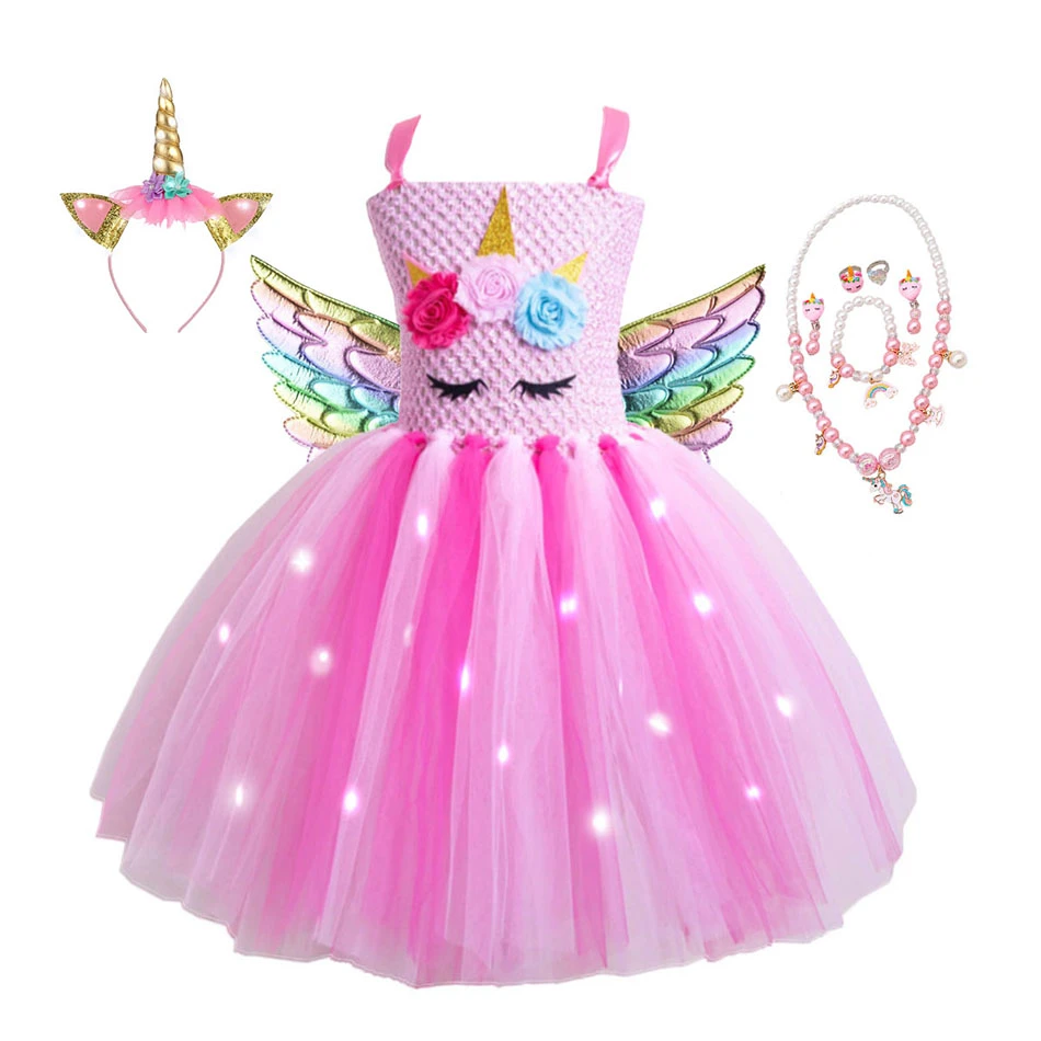 Vestidos de tutú de unicornio rosa brillante para niñas, vestidos de flores  de dibujos animados con luces LED para fiesta de cumpleaños| | - AliExpress