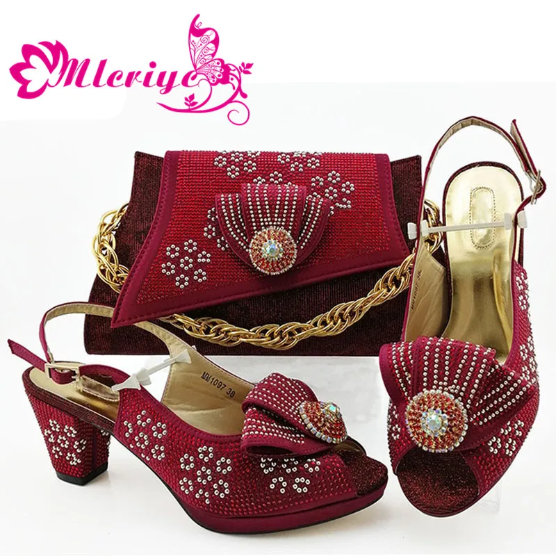 

fashion lady Shoes and Bag Set Italy wine Color Italian Shoes with Matching Bag Set Decorated with Rhineston
