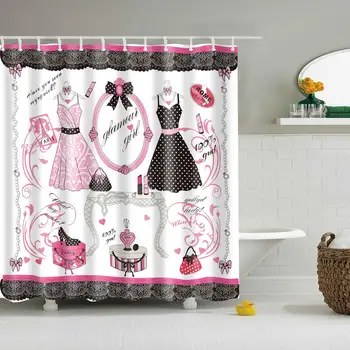 

Waterproof Thicken Polyester 3D Shower Curtain Beautiful Skirt Pink Mildew Proof Bath Tub Curtain with 12 pcs Hooks
