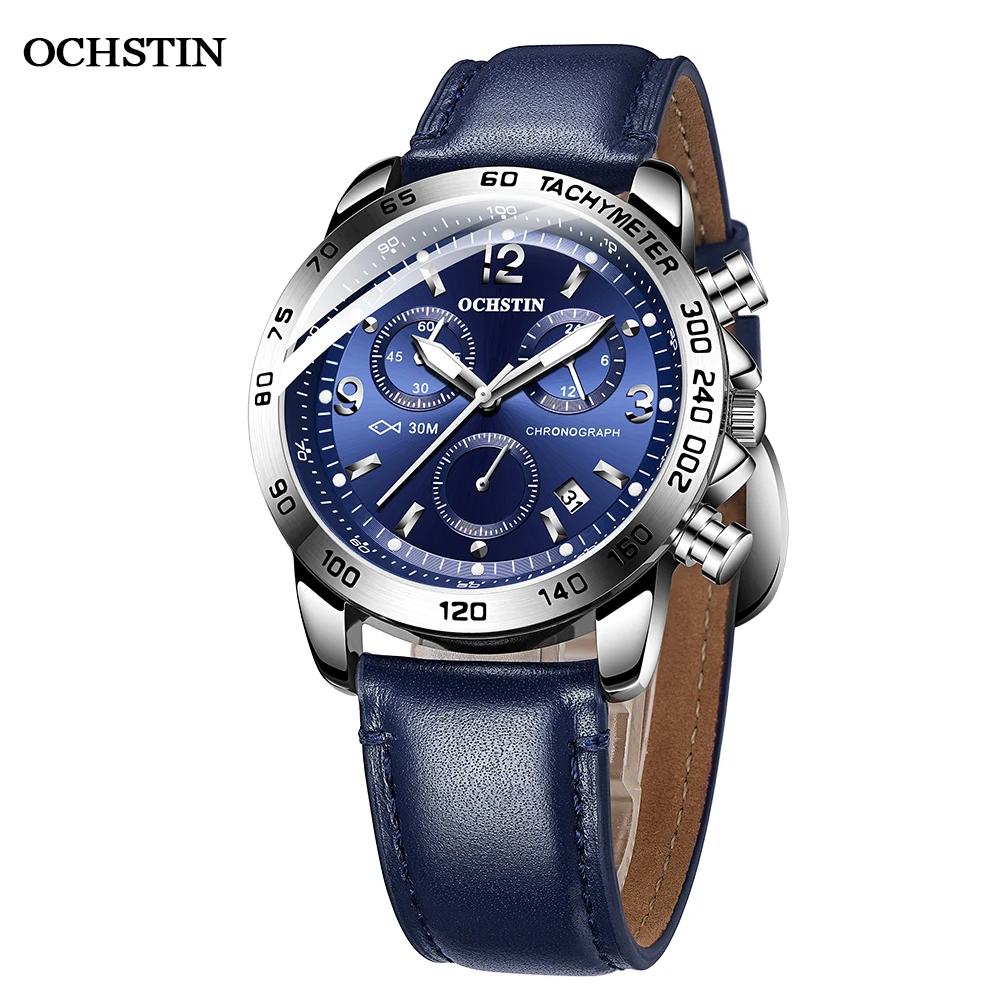 OCHSTIN Mens Watches Top Brand Luxury Pilot Stylish Business Quartz Watch for Mens Blue Leather Waterproof Date Wrist Watch