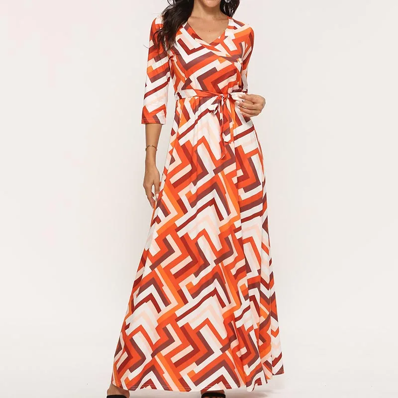 Bohemian Women Long Dress Lace Up High Waist Clubwear Vestidos With Sashes V-Neck Three Quarter Sleeve Long Maxi Dress
