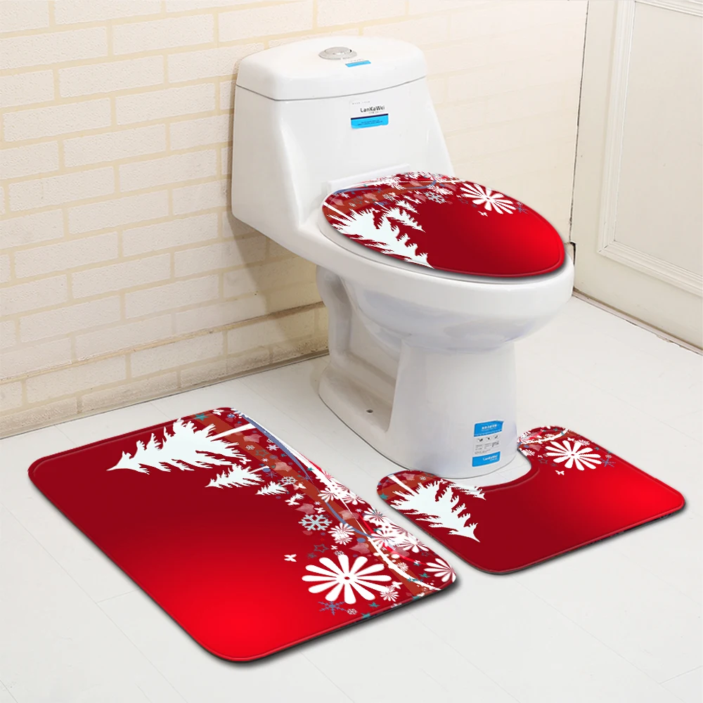 

3pcs 1Set Mat For Toilet Anti Slip Bathroom Carpet Xmas Doormat Rugs WC Mat Lid Cover New Year's Toilet Decoration