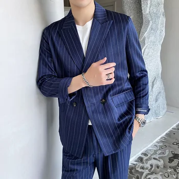 

High Quality Suit Men 2020 Autumn Winter Korean Casual Suit Men's Striped Loose 2 Pcs Set Wedding Groom Tuxedos Terno Masculino