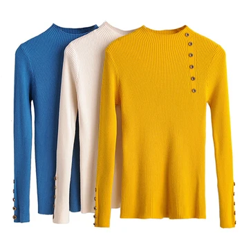 

Women 2019 Fashionable Autumn And Winter Sweater Soft Slim Jumper Sweater Women's Button Decoration Knitted Shirt