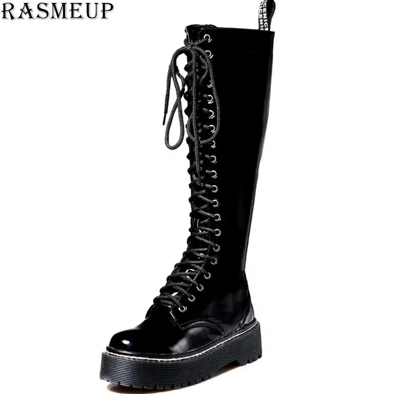 RASMEUP/женские кожаные сапоги до колена на платформе г. Модные стильные зимние теплые женские высокие сапоги повседневные женские ботинки с массивным каблуком - Цвет: Черный
