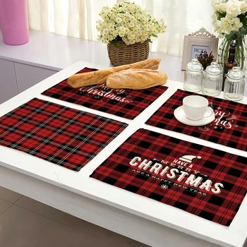 

Christmas Red Plaid Pattern Cotton Linen Pad Dining Table Mats Coaster Bowl Cup Mat Pattern Kitchen Placemat Home Decor MX0010