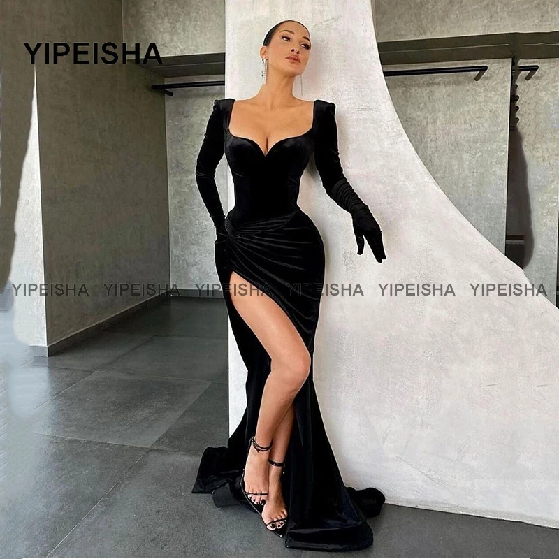 

Простое бархатное вечернее платье Yipeisha с длинным рукавом и высоким разрезом, платье для выпускного вечера и вечеринки, черные женские Формальные платья с юбкой-годе на заказ