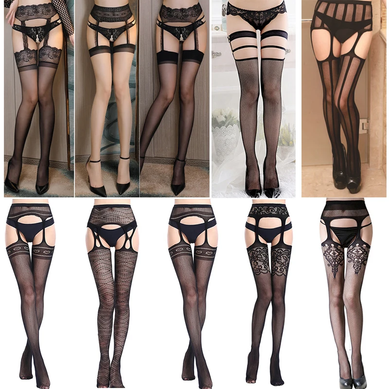 

Sexy Thigh High Stockings Lace Top Suspender Fishnet Stocking for Women Lingerie Erotic Temptation Open Crotch High Stockings