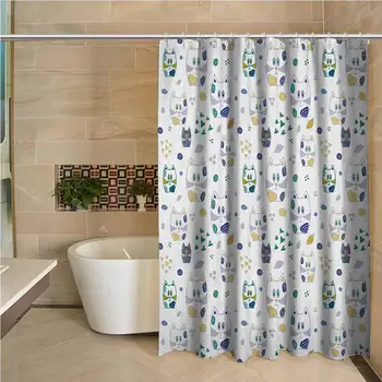 

Kids Odorless Waterproof Shower Curtain Cute Childish Cat Figures Kitten with Hearts and Spiral Circles Nursery Themed Art Large