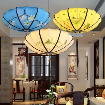 

2020 Chinese restaurant chandeliers vintage landscape painting restaurant tea room hot pot lamps fabric hand-painted lanterns
