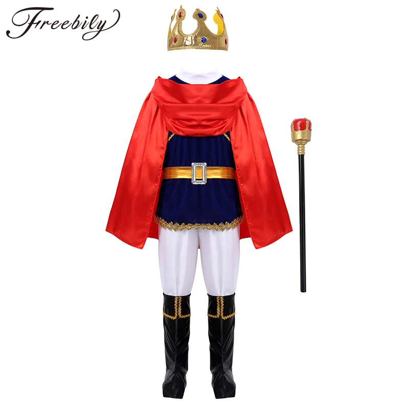 

Kids Boys Medieval Prince Costume Tops with Pants Belt Cloak Scepter Shoe Covers Set Children Halloween Cosplay Party Dress Up