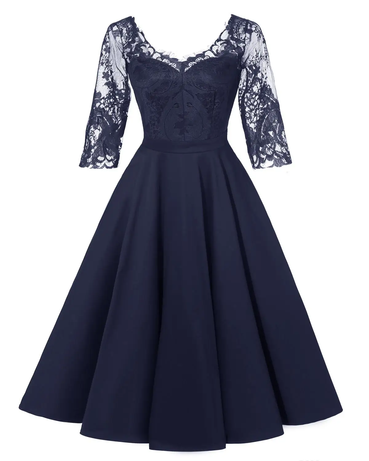 Dark blue Сексуальные коктейльные платья с открытой спиной, ТРАПЕЦИЕВИДНОЕ ПЛАТЬЕ средней длины с v-образным вырезом, атласное кружевное платье, вечерние платья со средним рукавом - Цвет: Dark blue