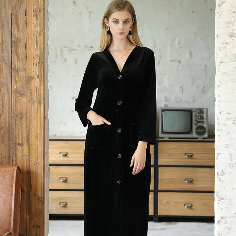 

2019 Autumn And Winter New Gold Velvet Long Home Nightdress Warm Long-sleeved Ladies Nightgown