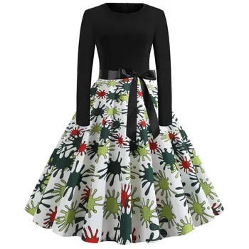 

belt women hot spring autumn print dress casual round neck long sleeve retro dress large dot floral patchwork slim swing dresses