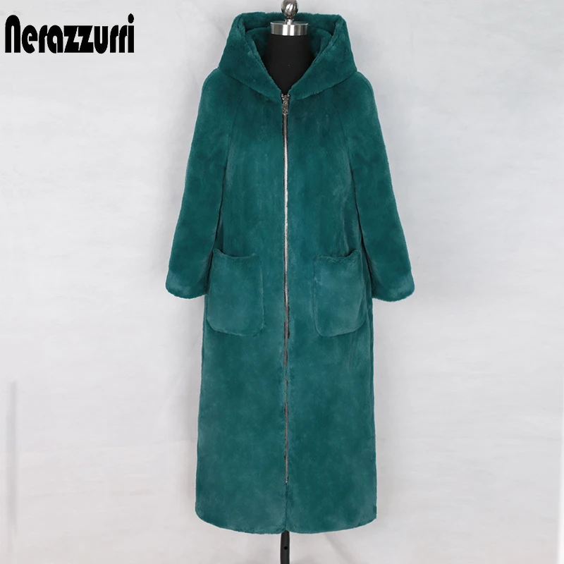 Nerazzurri длинное зимнее пальто из искусственного меха с капюшоном, с длинными рукавами,на молнии черный пушистый искусственный кроличий мех верхняя одежда,плюшевое пальто большого размера искусственная шуба стильная