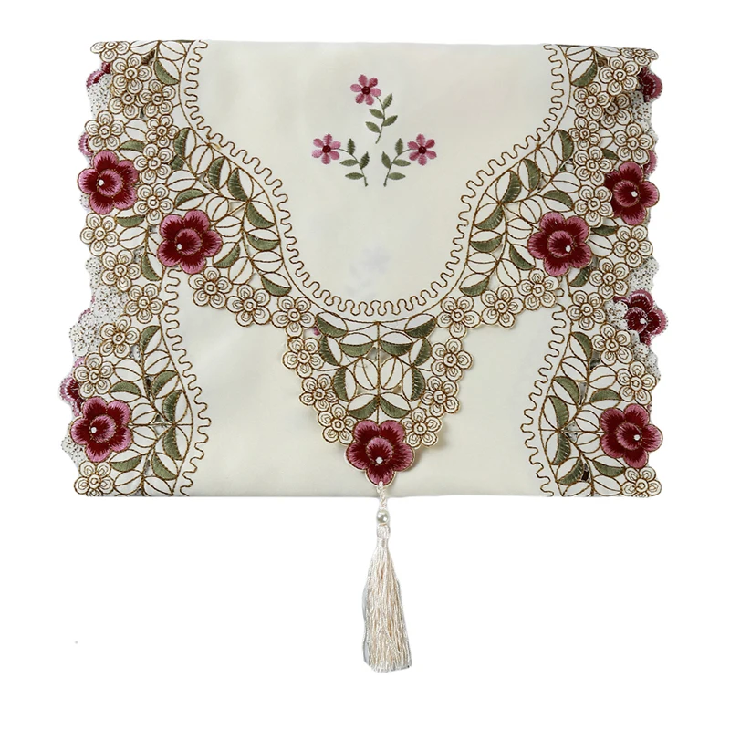 Pastoral Table Runner Embroidered Flower Leaves Hollow Polyester Table Covers Dustproof Table Decor for Home Party Wedding