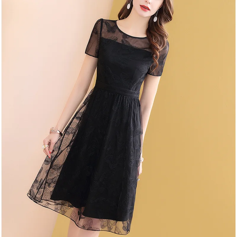 

Black Mesh Hollow out Embroided Dress Women's Summer Mid-length 2019 New Style Summer Popular Skirt