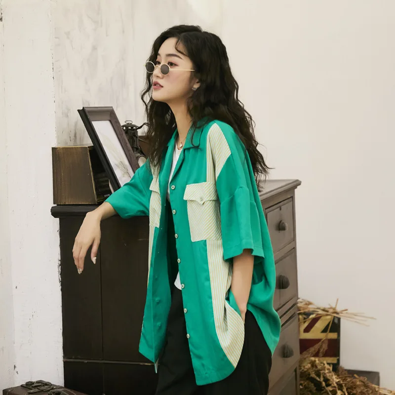 

Design Sense Niche Trend Shirt Female Summer 2019 Personality Contrast Color Stripes Stitching Neutral Retro Loose Shirt 50cs