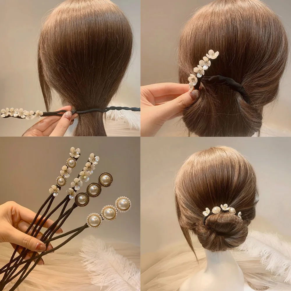Description Picture 3 of itemFashion Women Elegant Flower Big Pearls Hair Curls Bun Diy Hair Style Donut Maker Ribbon Hair Making Tool Hair Accessories