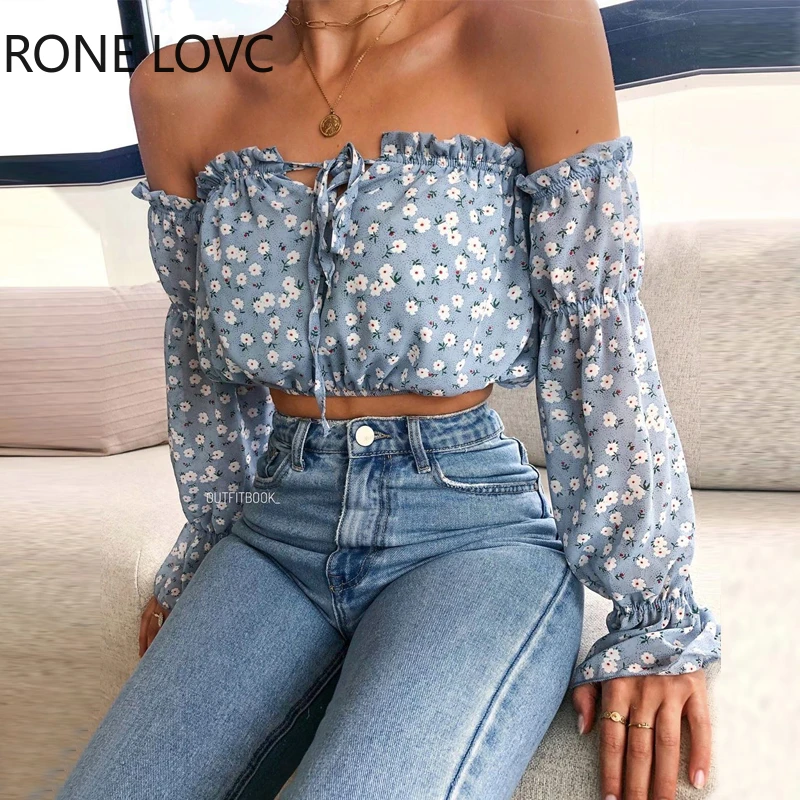 Blusa con hombros para mujer, blusa con Floral y detalle Tops y blusas de - AliExpress