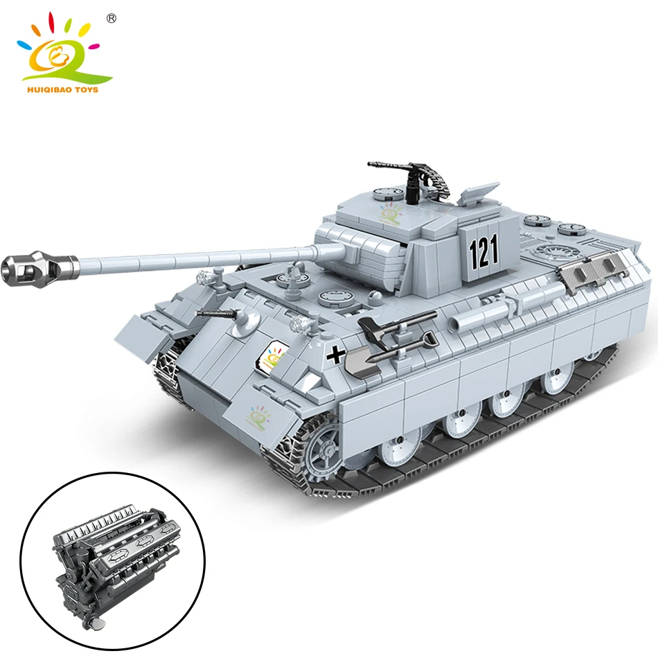 HUIQIBAO 990 шт Военная пантера 121 Танк строительные блоки Армия 6 солдат WW2 модель