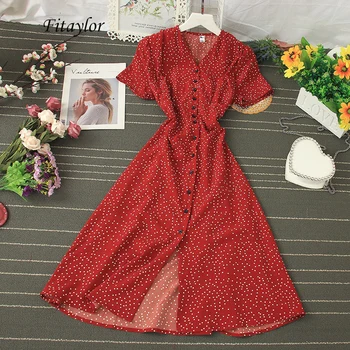 

Fitaylor Summer Vintage Polka Dot Print Dress Women V Neck Short Sleeve Boho Midi Dress Slim High Waist Single Breasted Dress