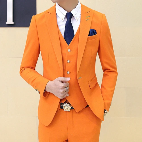 Модный мужской красочный модный мужской костюм, приталенный деловой костюм, смокинг, высокое качество, свадебное платье, мужской костюм, повседневная одежда для мужчин, 3XL, розовый цвет - Color: Orange 3-piece set