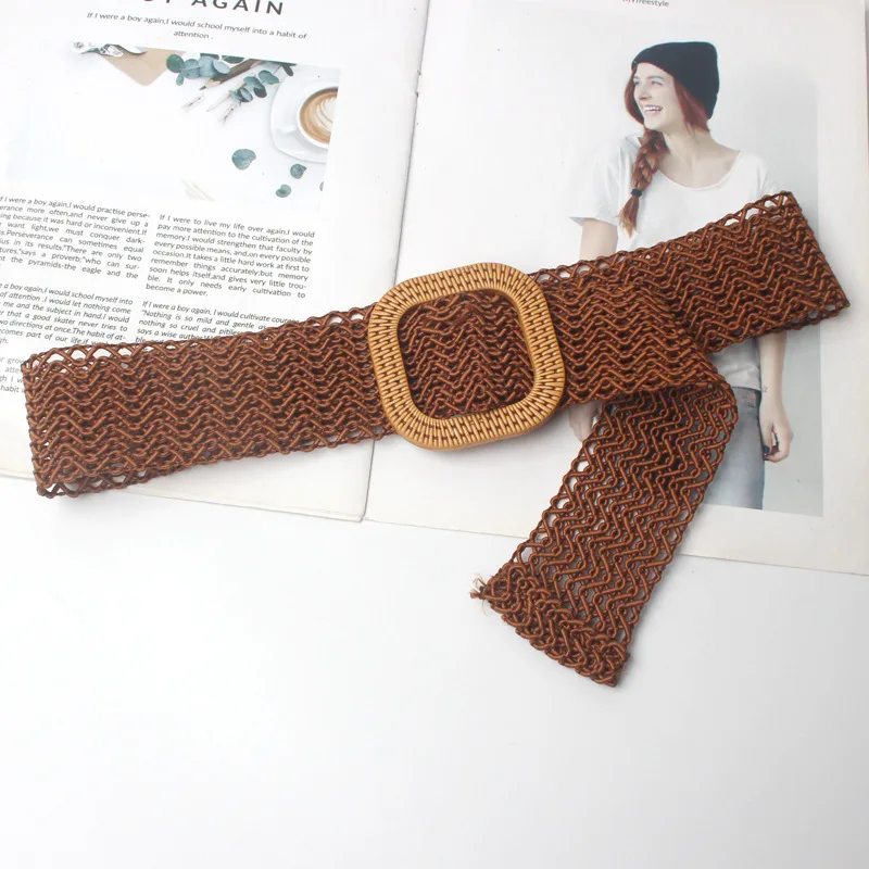 

New Vintage Knitted Wax Rope Wooden Bead Waist Rope Women Smooth Buckle Belt Woman Woven Female Hand-Beaded Braided Belt BZ25