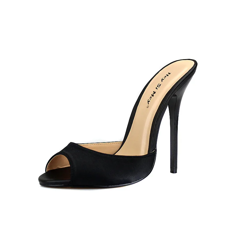 Silk and satin black Женские босоножки на очень высоком каблуке 14 см шлепанцы с открытым носком женская обувь красного цвета сандалии без застежки женская обувь Большие размеры 37-50 - Цвет: Silk and satin black