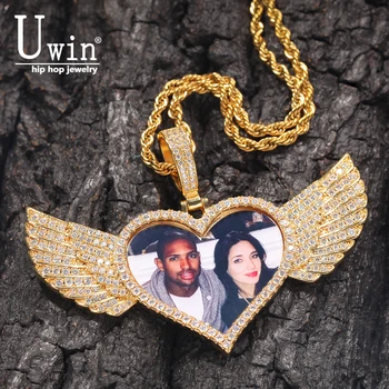 

Uwin Custom Photos Necklace Heart With Wing Men Charm HipHop Bling Iced Out Jewelry For Gift Tennis Chain
