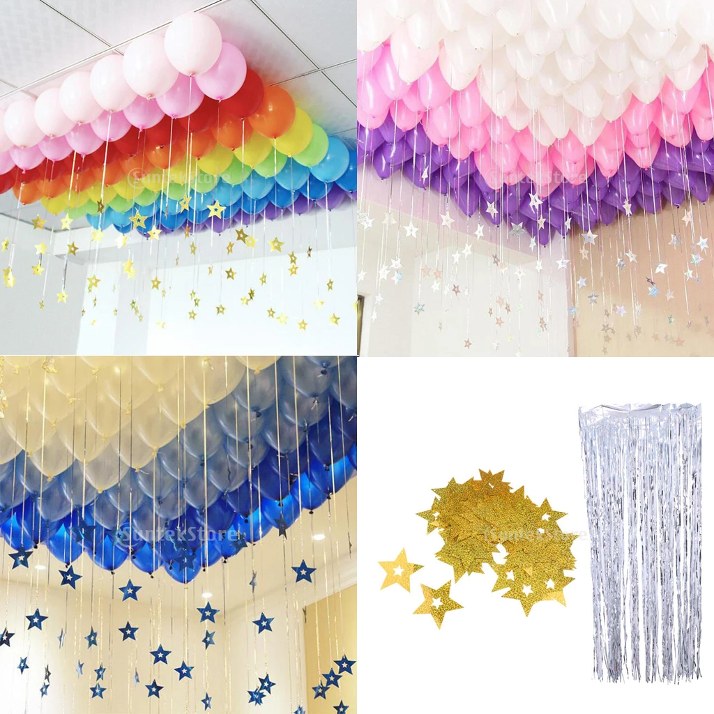 100 Shiny Star Cutouts + Tinsels Balloon Swirls Party Decoration Supplies Gold/Silver/Blue