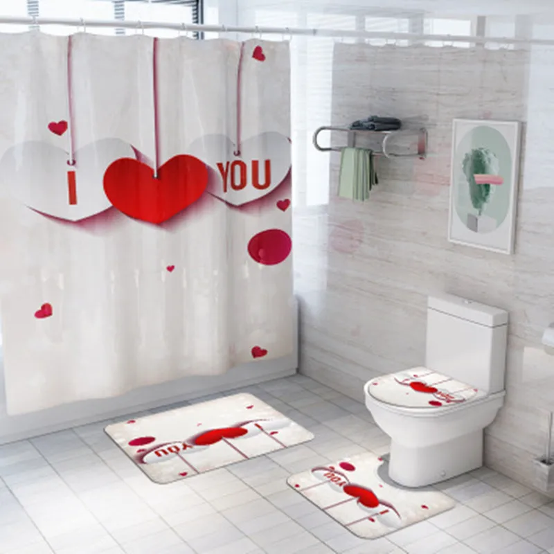 

4Pcs/set Bathroom Mat Set Valentine's Day Rose Petals Bath Mat Shower Curtain Non-slip Floor Mat Washable Bathroom Toilet Rug