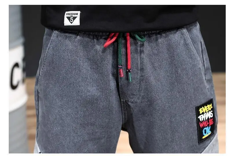 Spring winter Grey Denim Jeans Side Pockets Elastic Waist Streetwear Hip Hop Jeans Men Loose Side Pockets Mens Denim Cargo Jeans