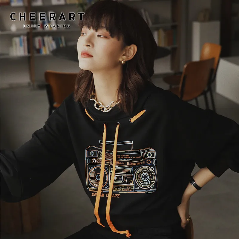 Черная укороченная Толстовка CHEERART с рисунком из мультфильма, укороченная толстовка с завязками на шее, черная короткая Корейская толстовка с капюшоном, повседневные толстовки