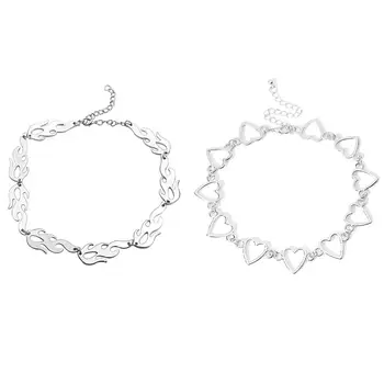 

2 Pcs Sweet Love Heart Choker Gold Jewelry Women's Necklace Silver Color Harajuku Streetwear Alloy Flame Unisex