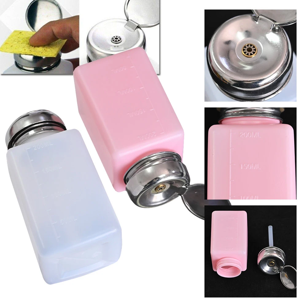 1pc Nail Polish Remover Container Metal Cap Push Down Empty Pump Plastic Bottle Liquid Alcohol Dispenser White/Pink 200ML(6.7oz)