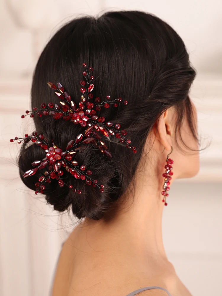 Bohe Red Black Bridal Headwear Crystal Hair pin and Earrings 