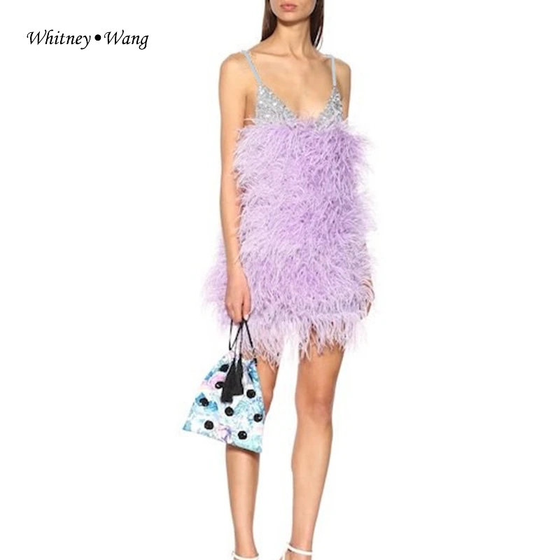 WHITNEY WANG Spring Fashion Sexy Spaghetti Strap Sequins Feathers Dress Women Night Club Party Dress