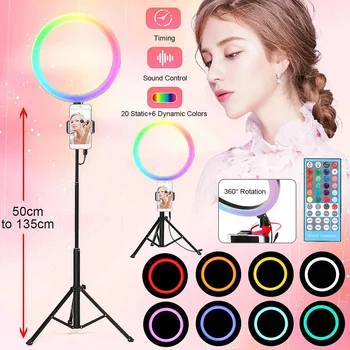 

13'' RGB LED Dimmable Selfie Ring Light Photography Lamp For Makeup Live with Aluminum Alloy Tripod Remote Control 2800-6500K